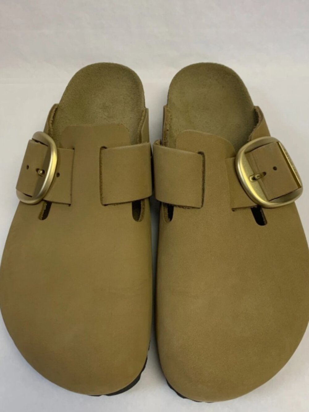 Birkenstock Boston Big Buckle Mud Green Nubuck Leather Regular Width Clogs